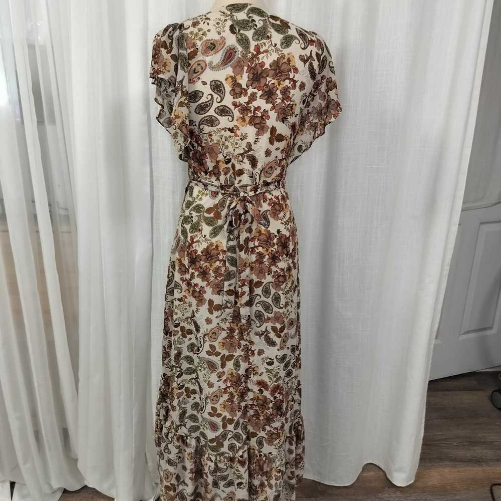 Antropologie Drew Brown Paisley Floral Wrap Dress Size M Flutter‎ Sleeves Hi Lo - Picture 5 of 16
